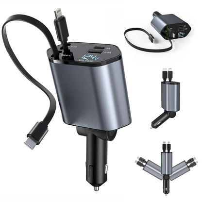 Retractable Car Charger, 4 in 1 Fast Charging Car Charger 120W