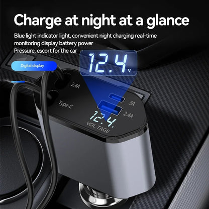 Retractable Car Charger, 4 in 1 Fast Charging Car Charger 120W