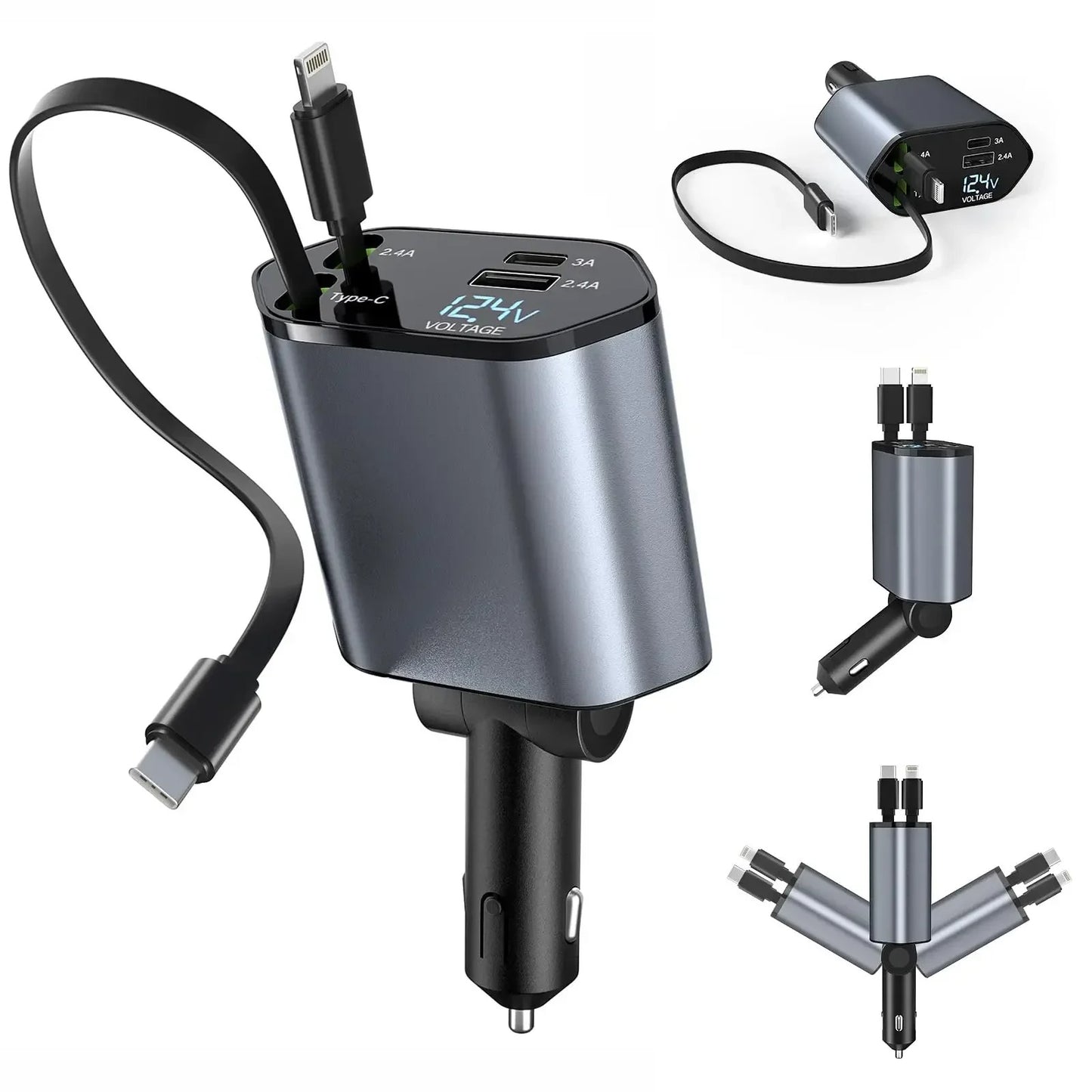 Retractable Car Charger, 4 in 1 Fast Charging Car Charger 120W